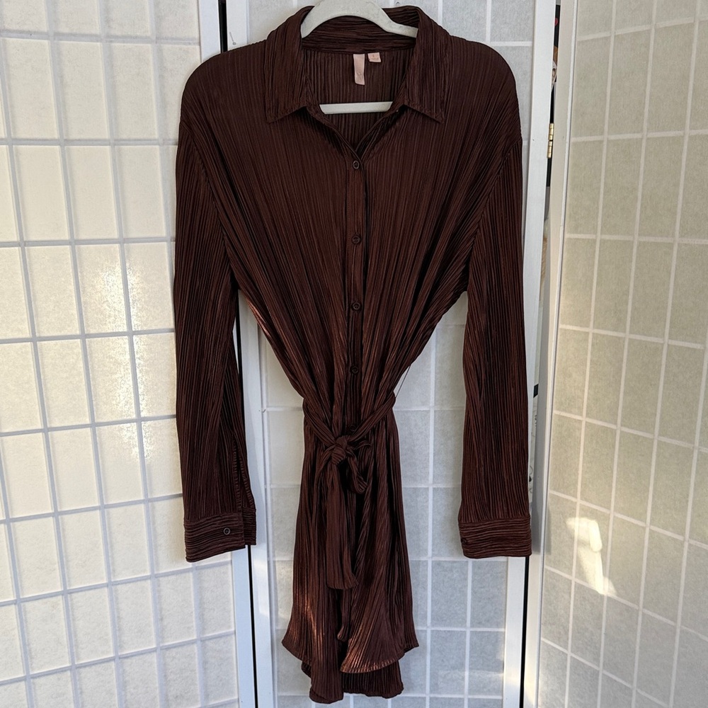 Brown Pleated Button-Up Dress